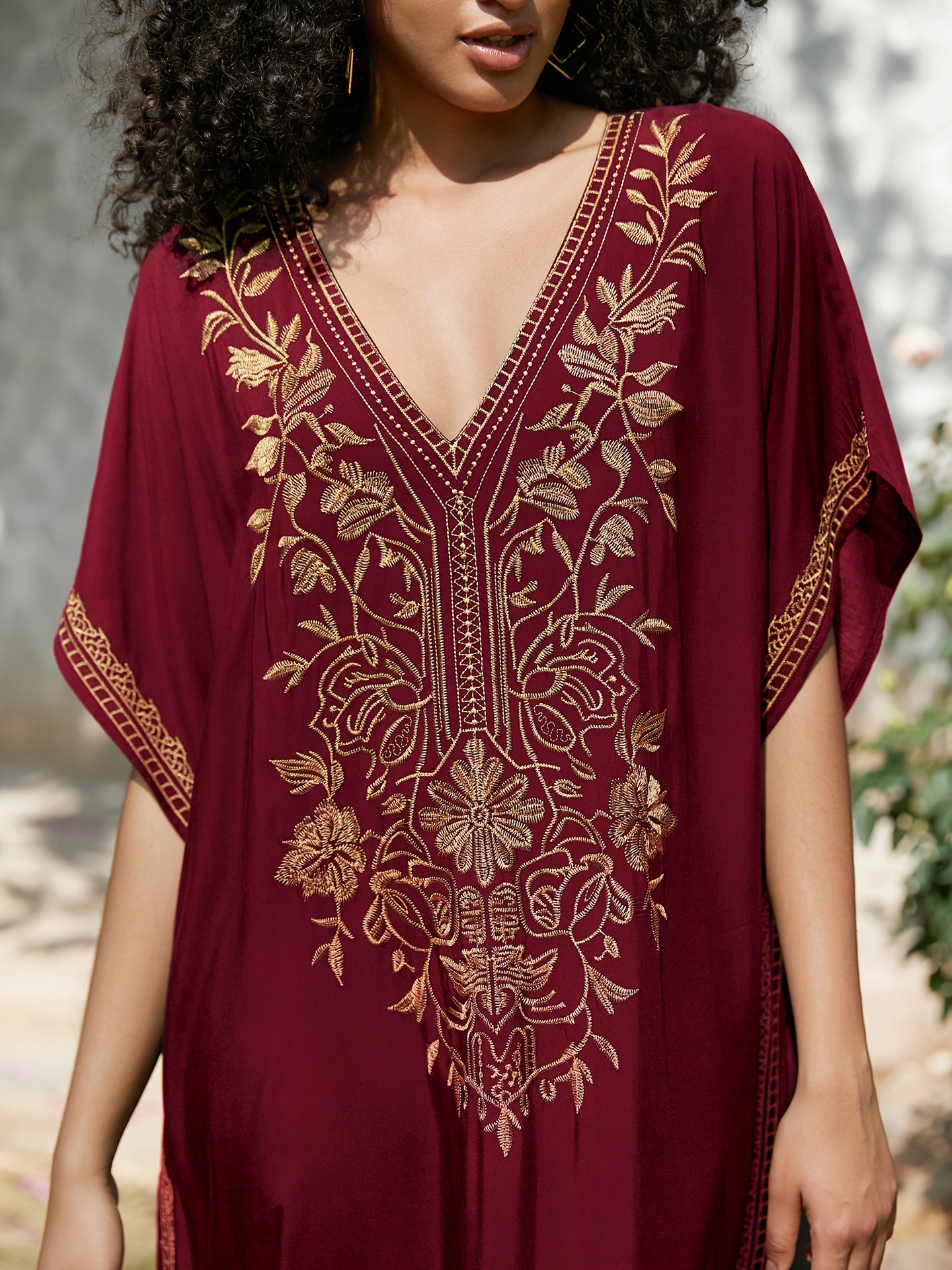 Bohemian Embroidery Caftan Dress House Dress Split Thigh Beachwear Vacation Dress Cover Up