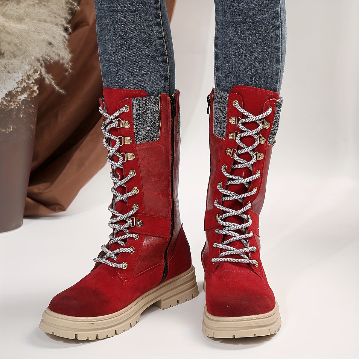 Women's Solid Color Trendy Boots, Lace Up Platform Side Zipper Comfy Mid Calf Boots, Winter Round Toe Knitted Rim Boots