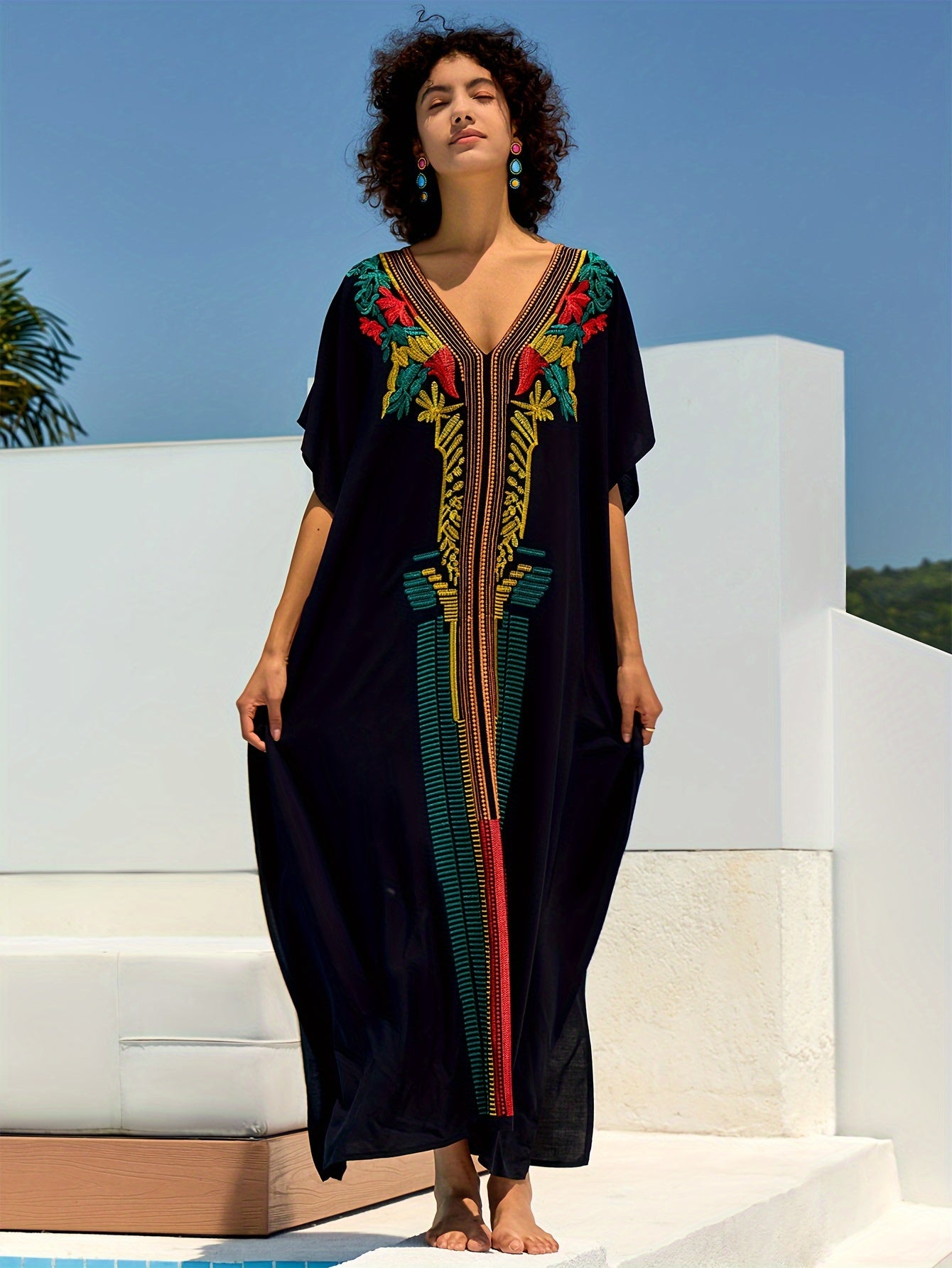 Embroidery Kaftan Dress Women Bohemian House Dress Split Thigh Beachwear Dubai Abaya