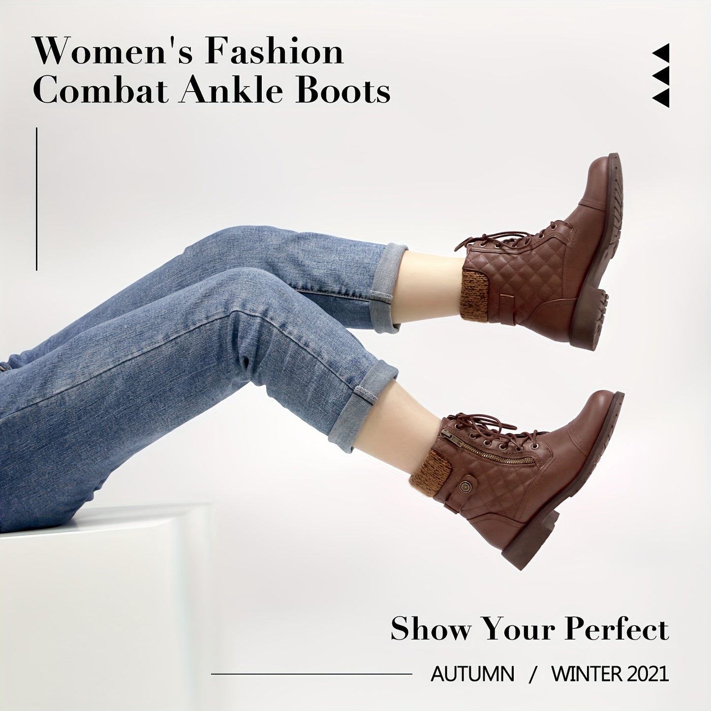 Women's Ankle Boots, Lace-up Plush Lined Combat Booties, Platform Quilted Pattern Boots