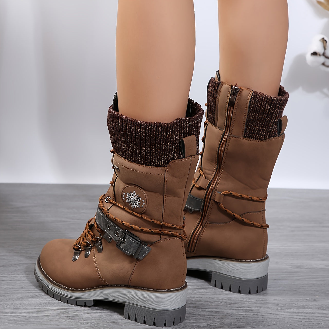 Stylish Knitted Mid-Calf Boots - Trendy Solid Color Winter Boots with Side Zipper, Buckle Belt, and Non-Slip Sole for Women - Perfect for Cold Weather and Casual Occasions