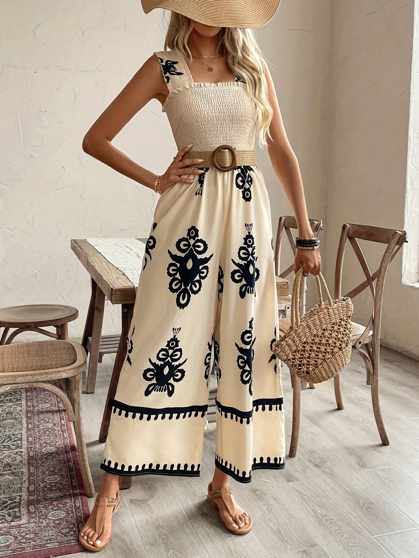 Graphic Print Shirred Wide Leg Jumpsuit, Boho Style Sleeveless Jumpsuit For Spring & Summer