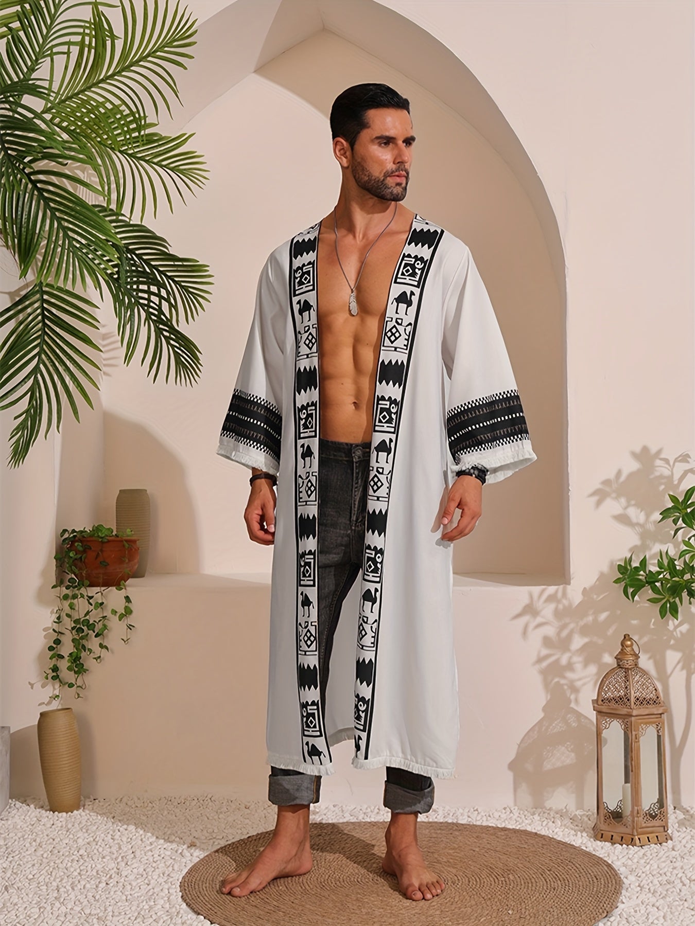 Men's Bohemian Style Linen Robe, Long Sleeve Thin Casual Clothing With Tassuel Design,