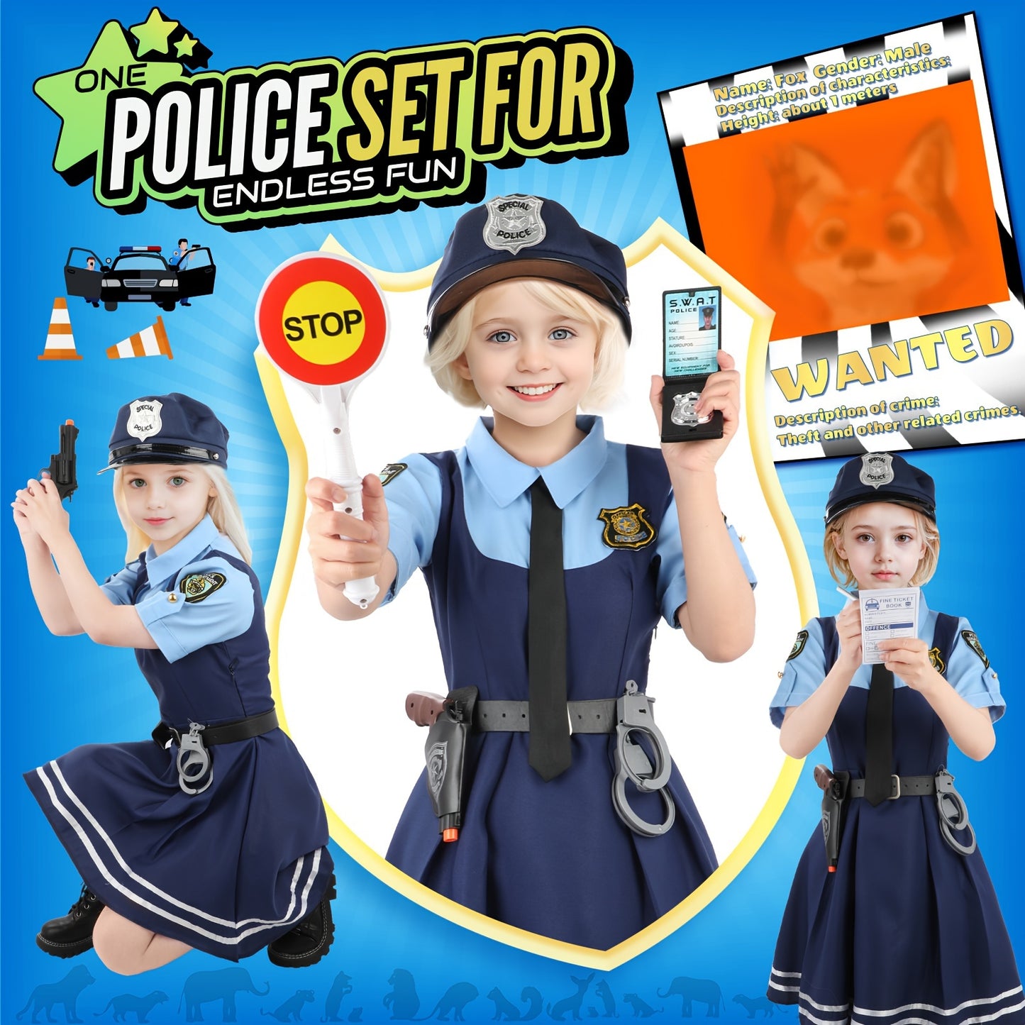 GINMIC Police Costume For Girls 3-12, Cute Police Officer Costume For Kids Cop Police Costume Kids Halloween Costumes For Girls Role Play Costume Set