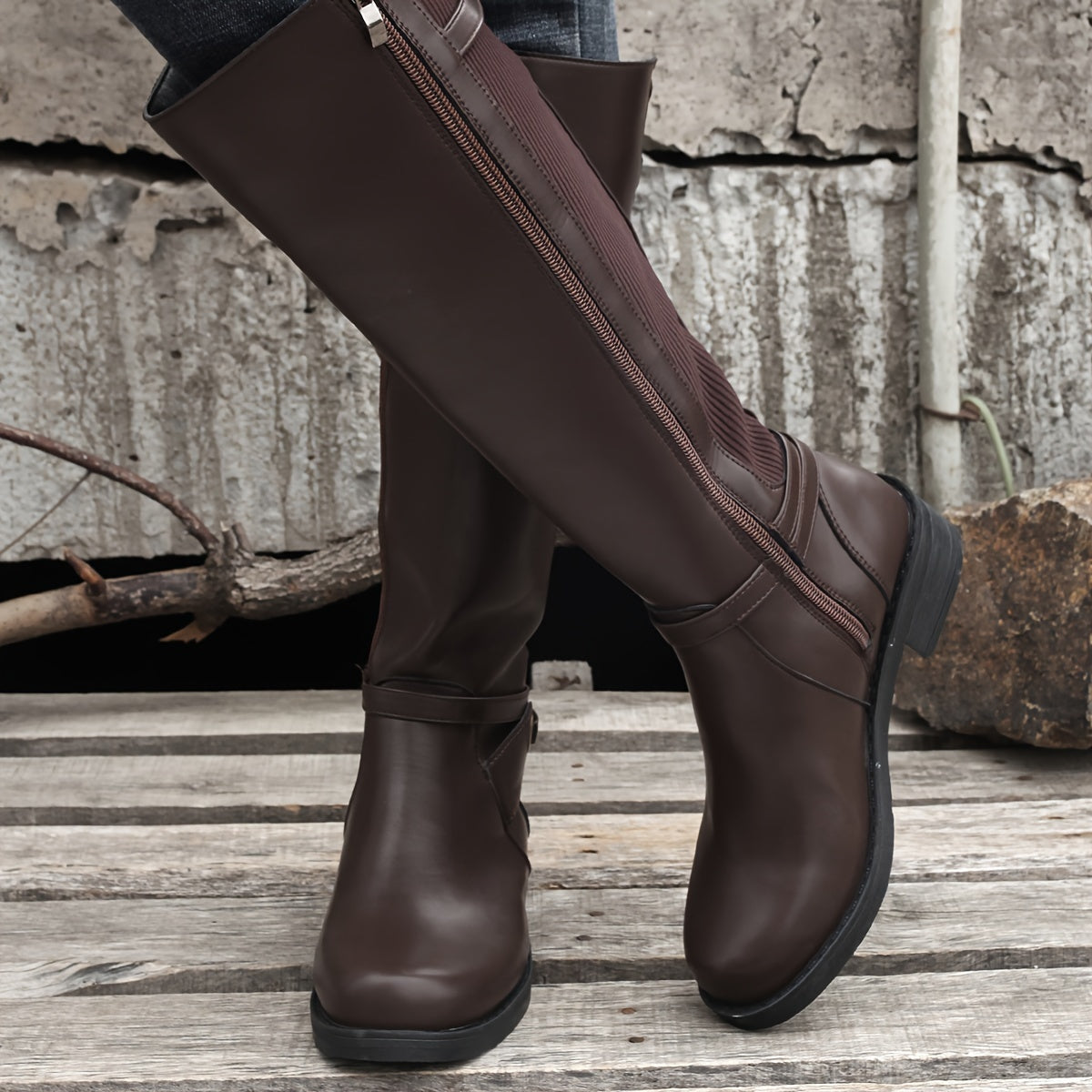 Stylish Solid Color Mid-Calf Boots - Comfortable Chunky Heel, Side Zipper Buckle, Pull-On Design, Trendy Knight Boots for Women - Perfect for Casual Wear