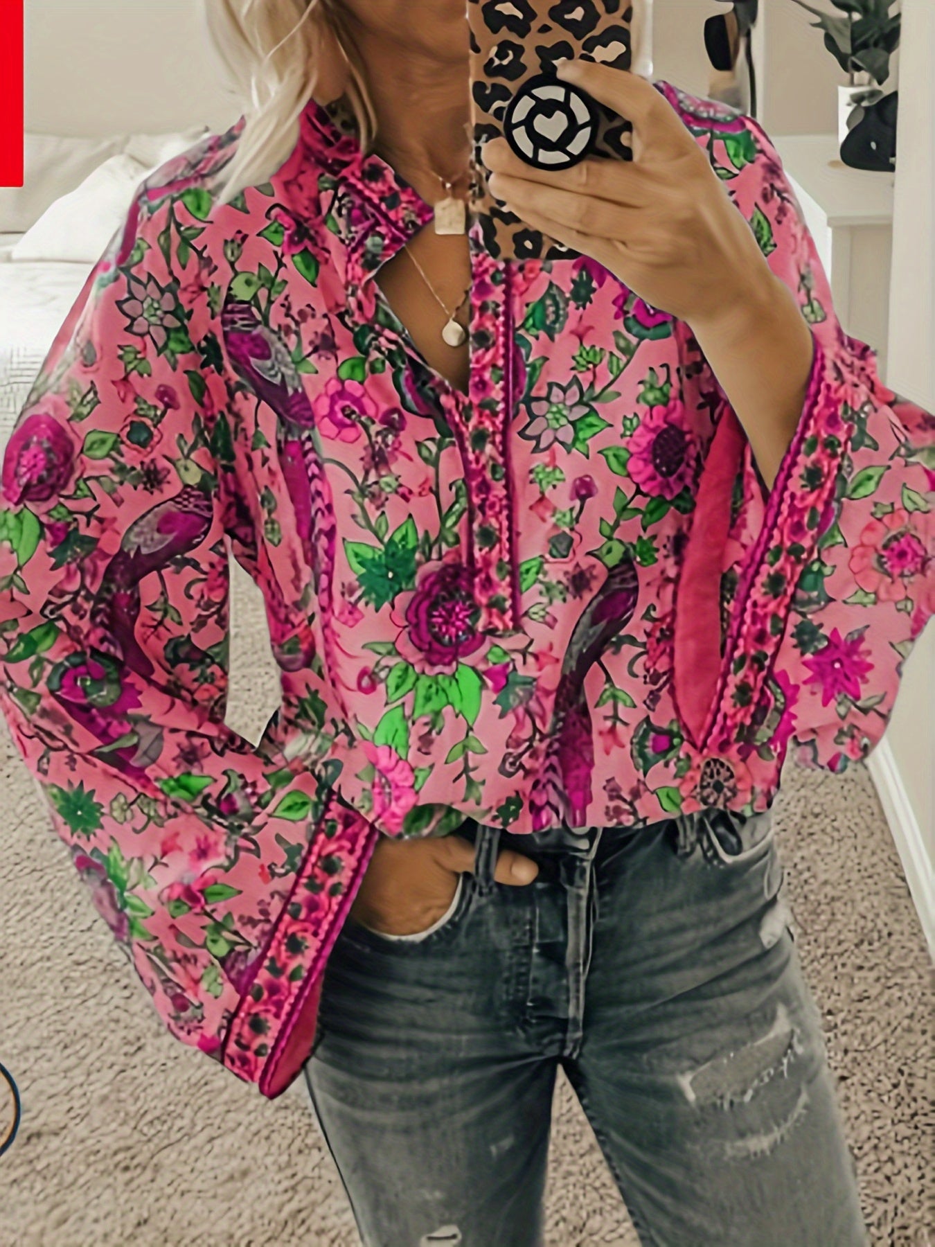 Floral Print V Neck Blouse, Boho Long Sleeve Loose Blouse For Spring & Fall, Women's Clothing