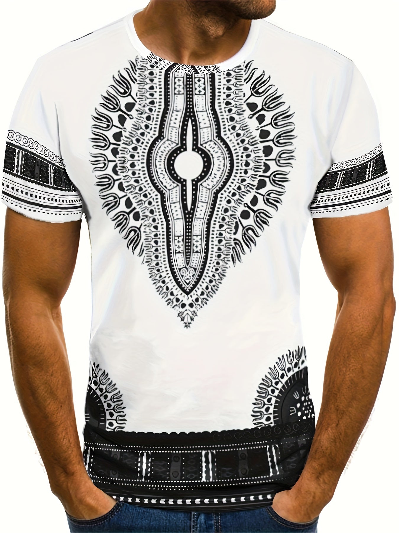 Bohemian Ethnic Style Graphic Pattern T-shirt With Crew Neck And Short Sleeve, Chic And Stylish Comfy Tops For Men's Summer Workout Wear And Vacation Resorts