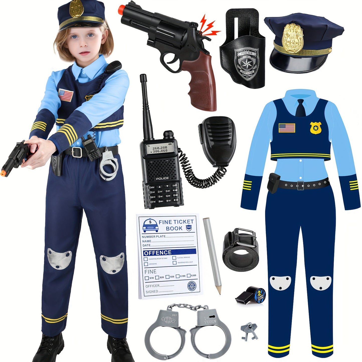 GINMIC Police Costume For Girls 3-12, Cute Police Officer Costume For Kids Cop Police Costume Kids Halloween Costumes For Girls Role Play Costume Set