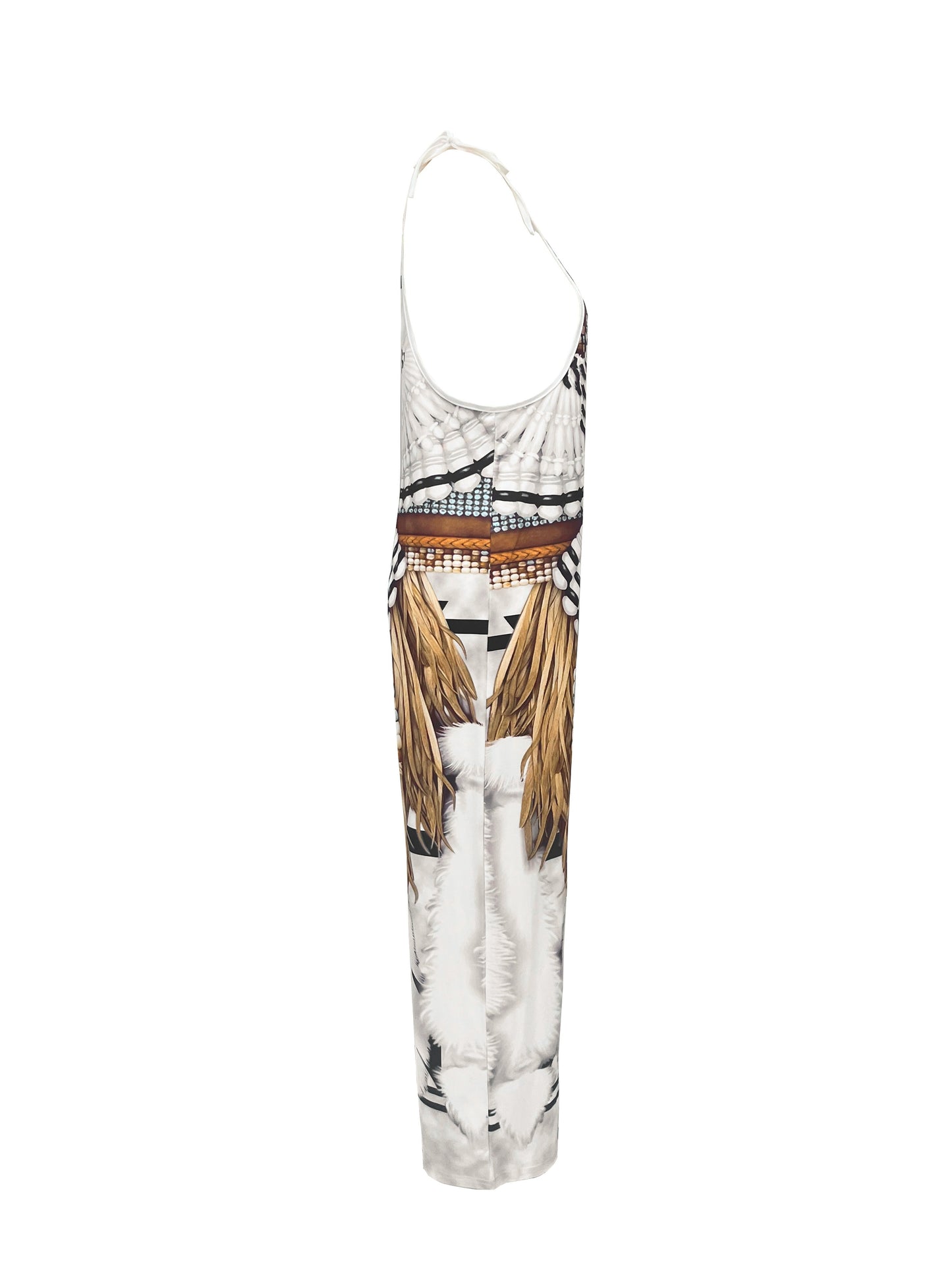 Ethnic Print Boho Tie Shoulder Jumpsuit, Casual Sleeveless Wide Leg Jumpsuit For Spring & Summer, Women's Clothing