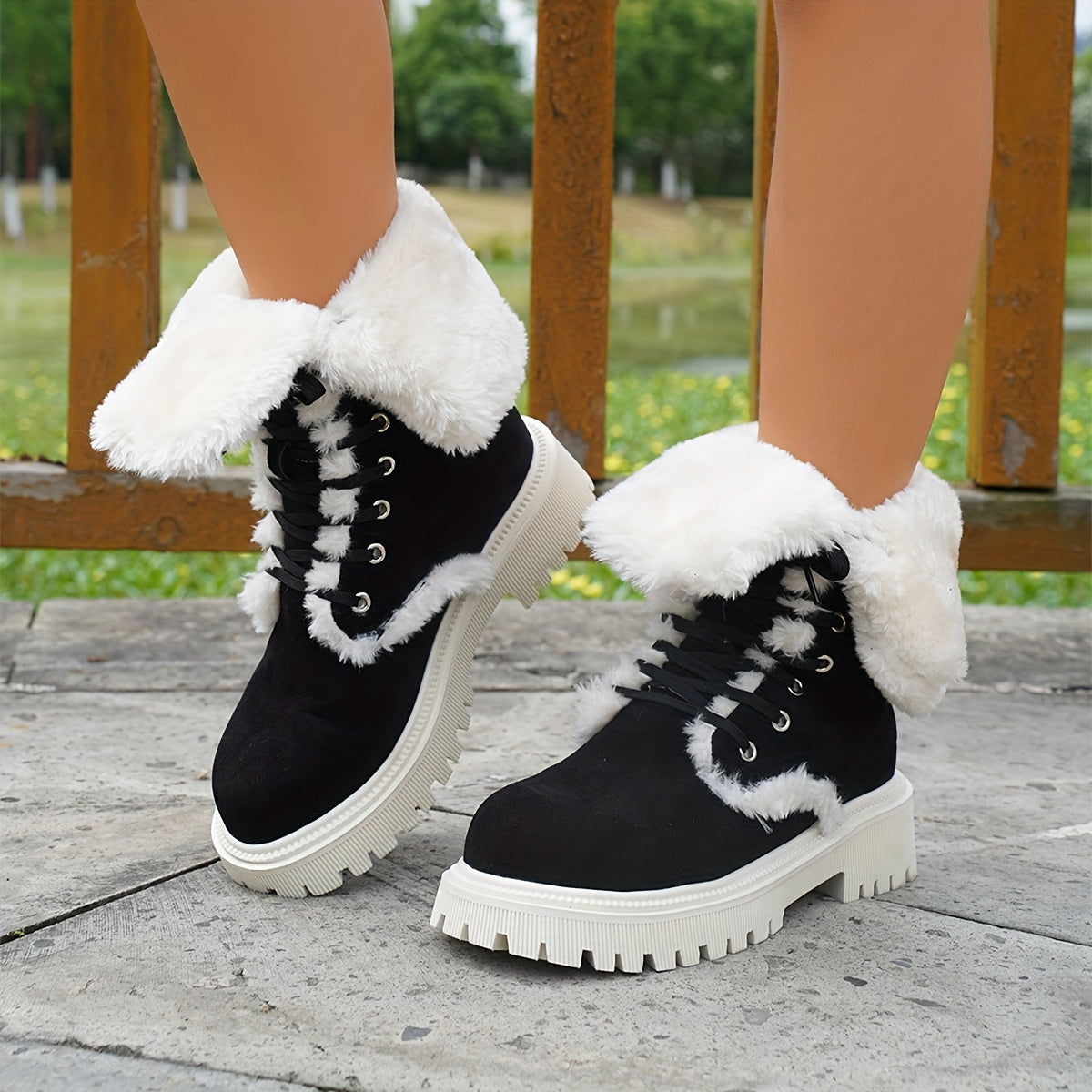 Women's Solid Color Fluffy Boots, Platform Soft Sole Thermal Lining Mid Calf Boots, Non-slip Winter Snow Boots