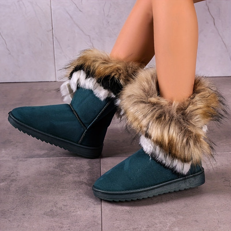 Women's Faux Fur Snow Boots, Casual Slip On Plush Lined Boots, Women's Comfortable Winter Boots