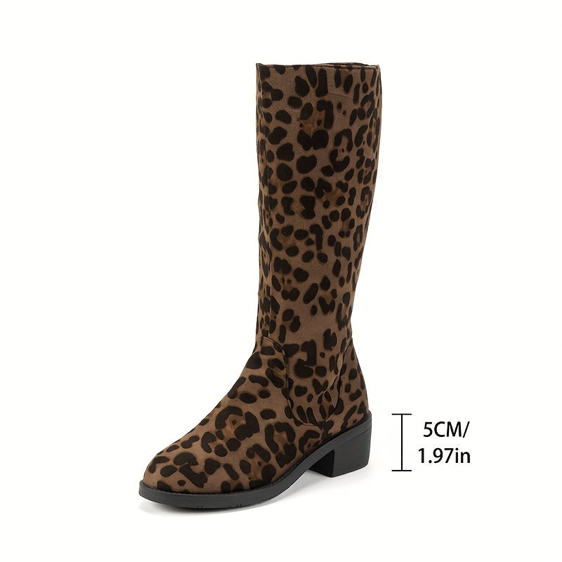 Leopard Print Sexy Boots European and American Style Mid-Calf Boots Round Head Sexy SM Makeup Ball Special Boots Plus Velvet Comfortable Velvet Fabric Women's Boots French Style Women's Thick Sole Side Zipper Anti-Slip Shoppi