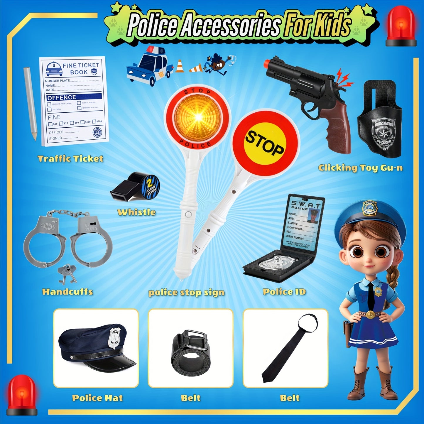 GINMIC Police Costume For Girls 3-12, Cute Police Officer Costume For Kids Cop Police Costume Kids Halloween Costumes For Girls Role Play Costume Set