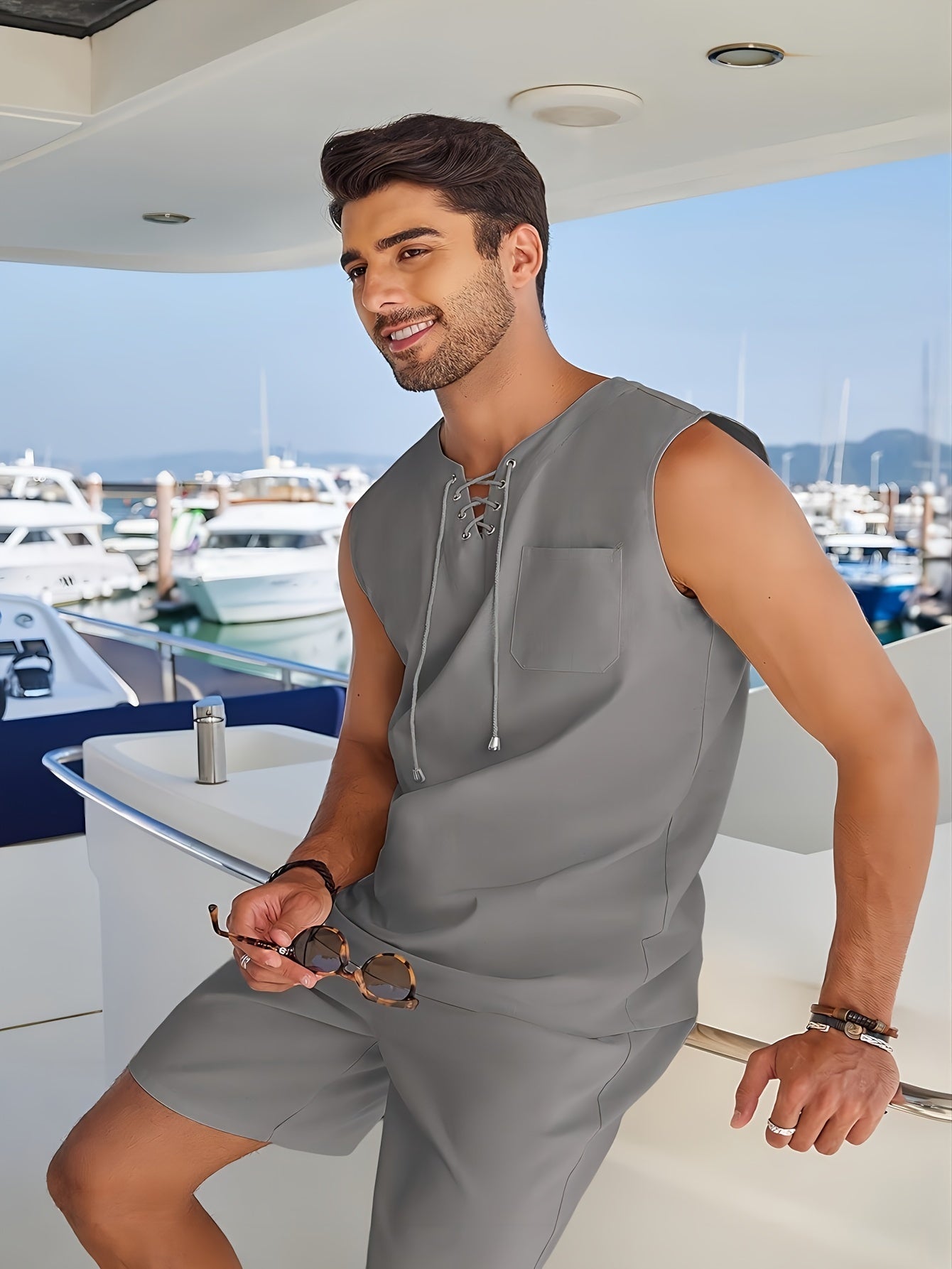 Mens Linen Sets Outfits 2 Piece Beach Drawstring Tank Tops Sleeveless Shirt Matching Shorts Set Hippie Wedding