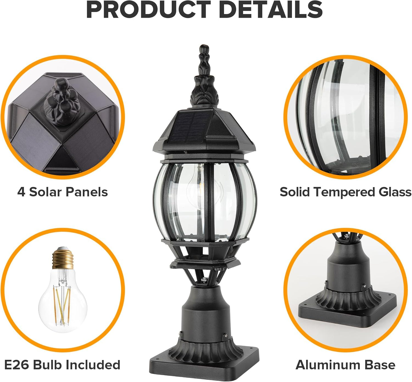 Solar Post Light with Pier Mount Base, Dusk to Dawn Aluminium Solar Lamp Post Light, Exterior Black Solar Powered Fence Post Light for Outside