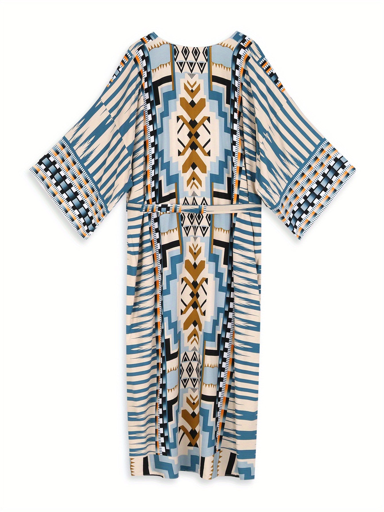 Geo Print Open Front Belted Kimono, Boho Long Sleeve Beachwear Cove Up.