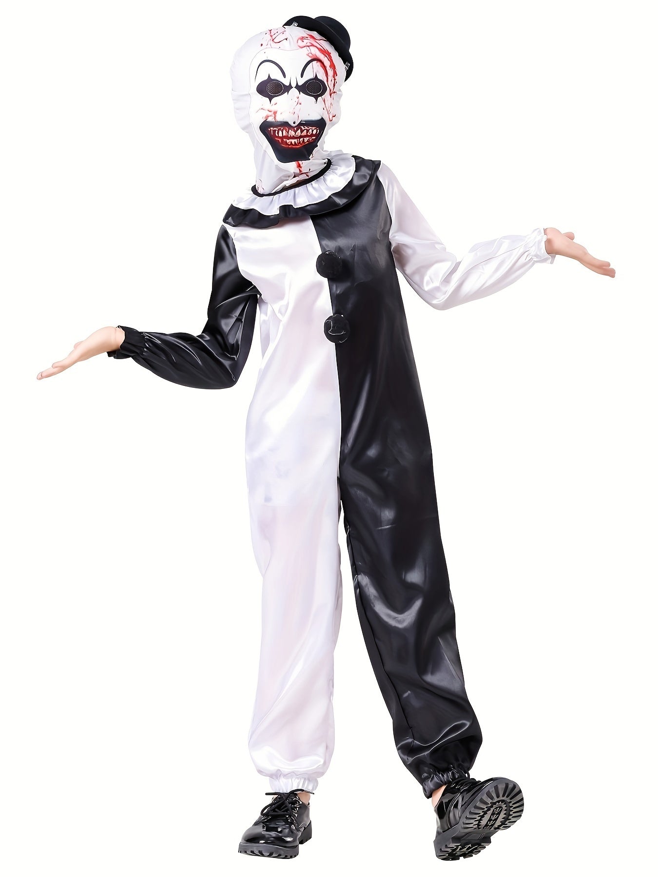 Horror Themed Party Outfit For Boys - Black And White Clown Jumpsuit And Matching Mask - Scary Clown Dress Up Clothes Set, Perfect For Halloween Holiday Carnival Party