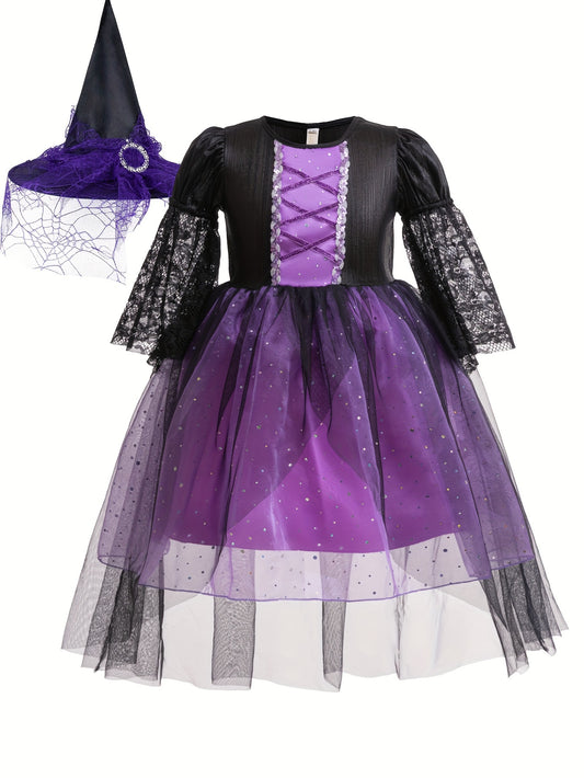 Girls Fun & Stunning Short Sleeve Lace Trim Layered Tutu Magical Character Dress & Pointed Hat For Halloween Party, 2PCS.