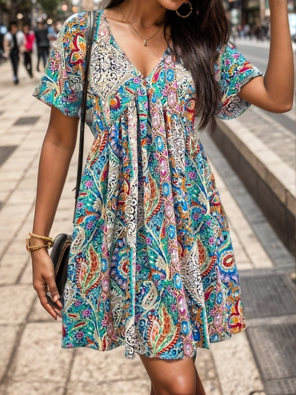 V-neck Loose Printed Pleated Dress