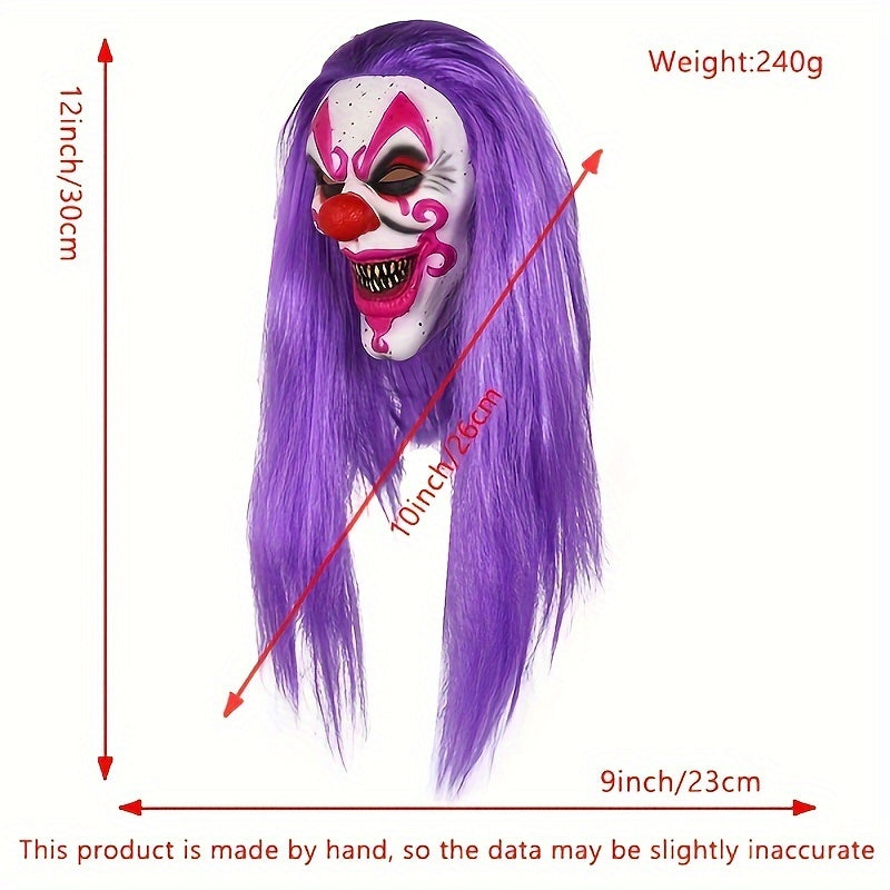 Premium Purple Clown Mask with Wig - Breathable Latex, Stretch Fit for Halloween & Cosplay Parties - Perfect for Pranks & Photo Props, Ages 14+