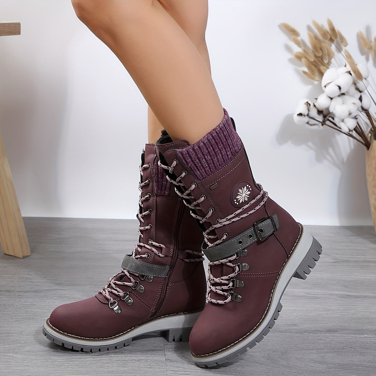 Stylish Knitted Mid-Calf Boots - Trendy Solid Color Winter Boots with Side Zipper, Buckle Belt, and Non-Slip Sole for Women - Perfect for Cold Weather and Casual Occasions