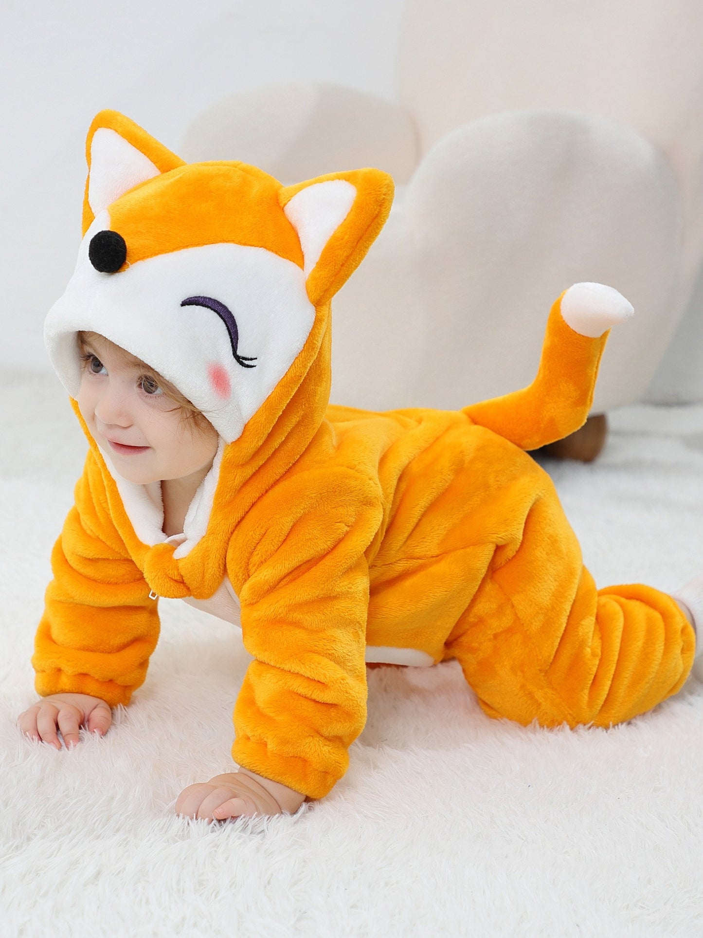 Unisex Baby's Fox Shape Onesie, Toddlers Animal Costume Outfit, Warm Fuzzy Cute Fox Romper For Kids, Cozy Hooded Jumpsuit With Tail, Soft Comfortable Playwear For Infants.