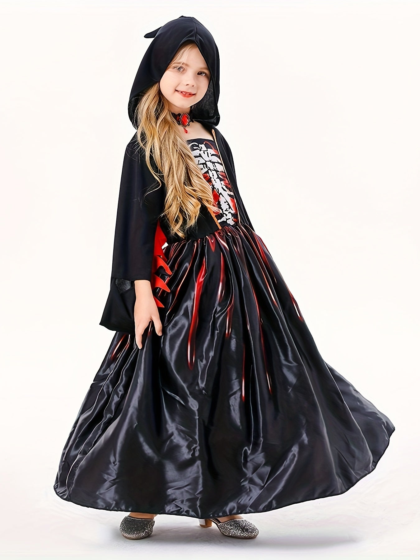 Kids' Halloween Witch Costume - Spooky Black Skull Hooded Long Sleeve Dress with Geometric Pattern, Polyester & Spandex Blend, Machine Washable