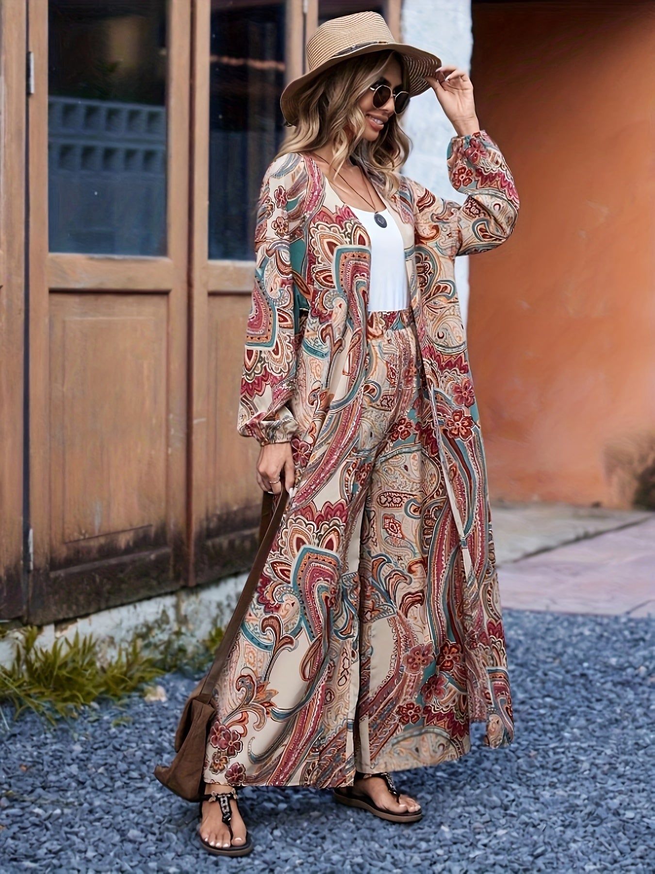 Boho Paisley Print Pants Set, Long Lantern Sleeve Open Front Cardigan & Elastic High Waist Wide Leg Pants Outfits, Women's Clothing