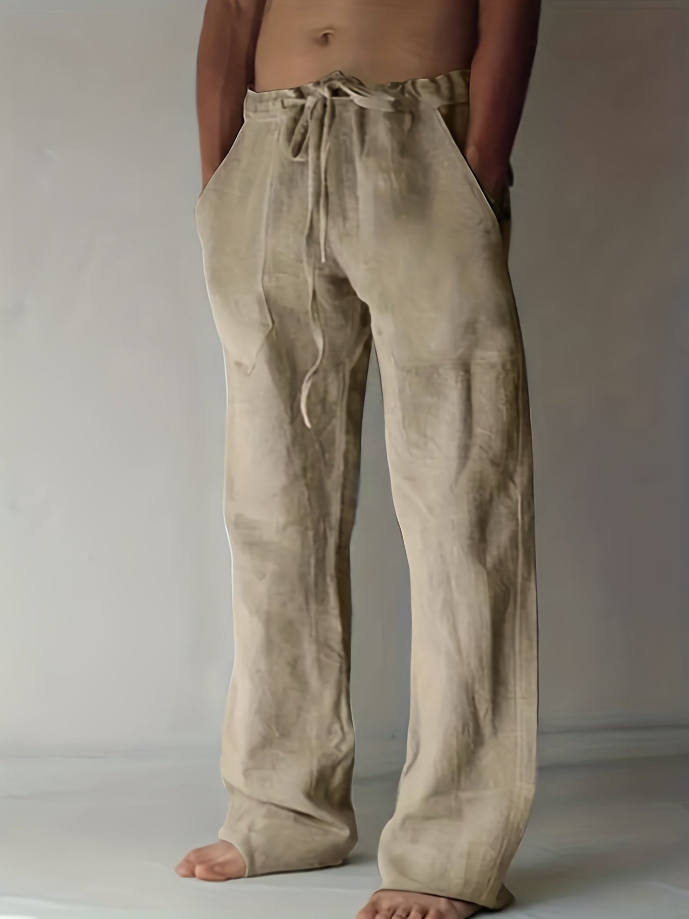 Loose Fit Woven Casual Cotton Pants, Men's Boho Style Waist Drawstring Comfy Pants