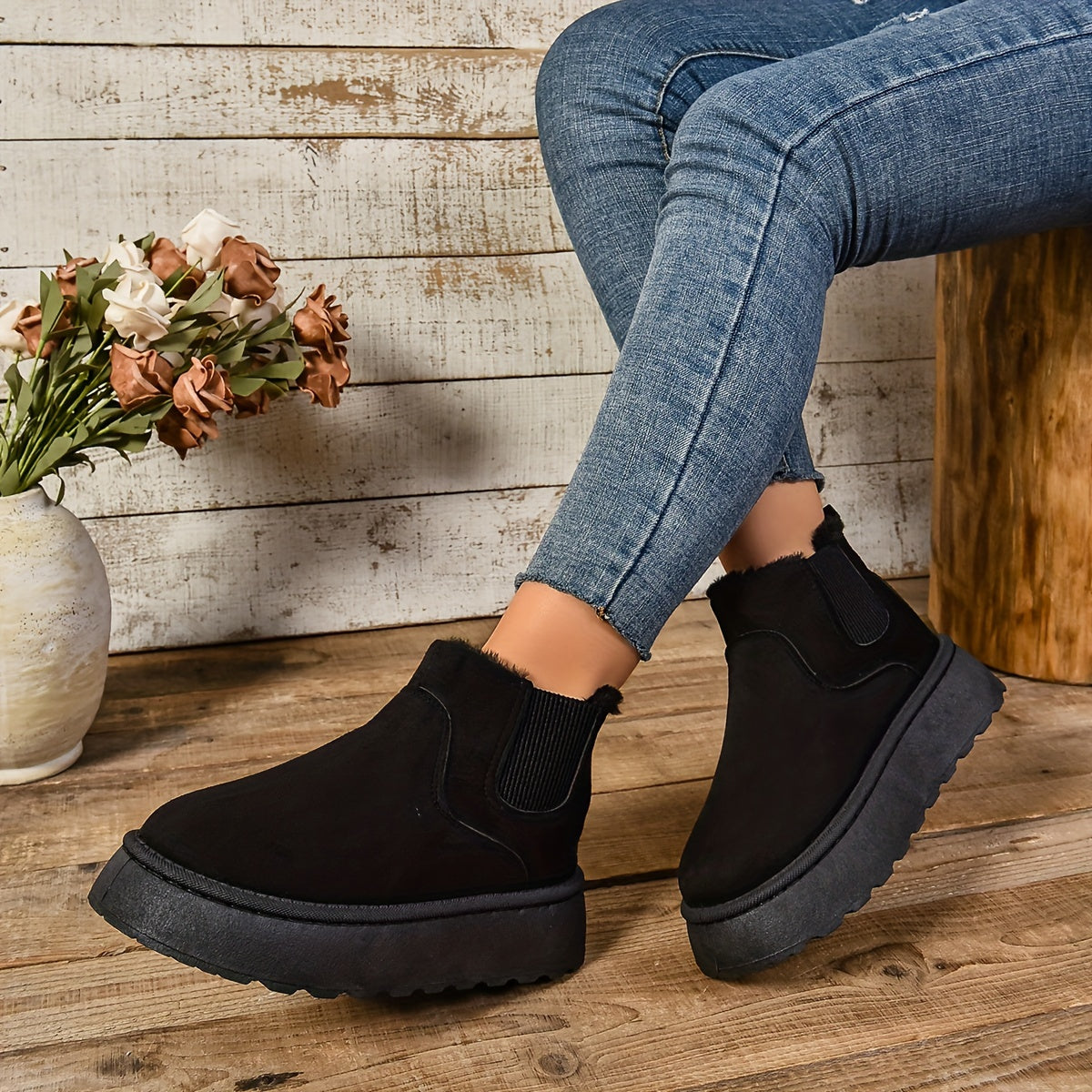 Women's Ankle Booties - Mid Heel Platform Round Toe Slip-on Boots with Fabric Upper, Inner & Insole - Solid Color European Special Design with PU Sole