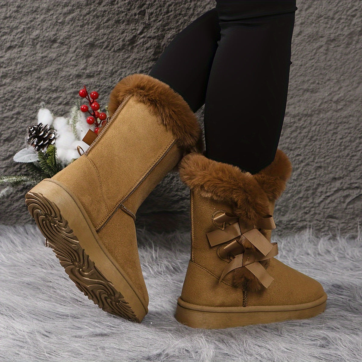 Cozy Women's Snow Boots - Comfortable Plush Lined Winter Boots with Casual Bowknot Decor - Soft, Warm, and Water-Resistant Shoes for Cold Weather