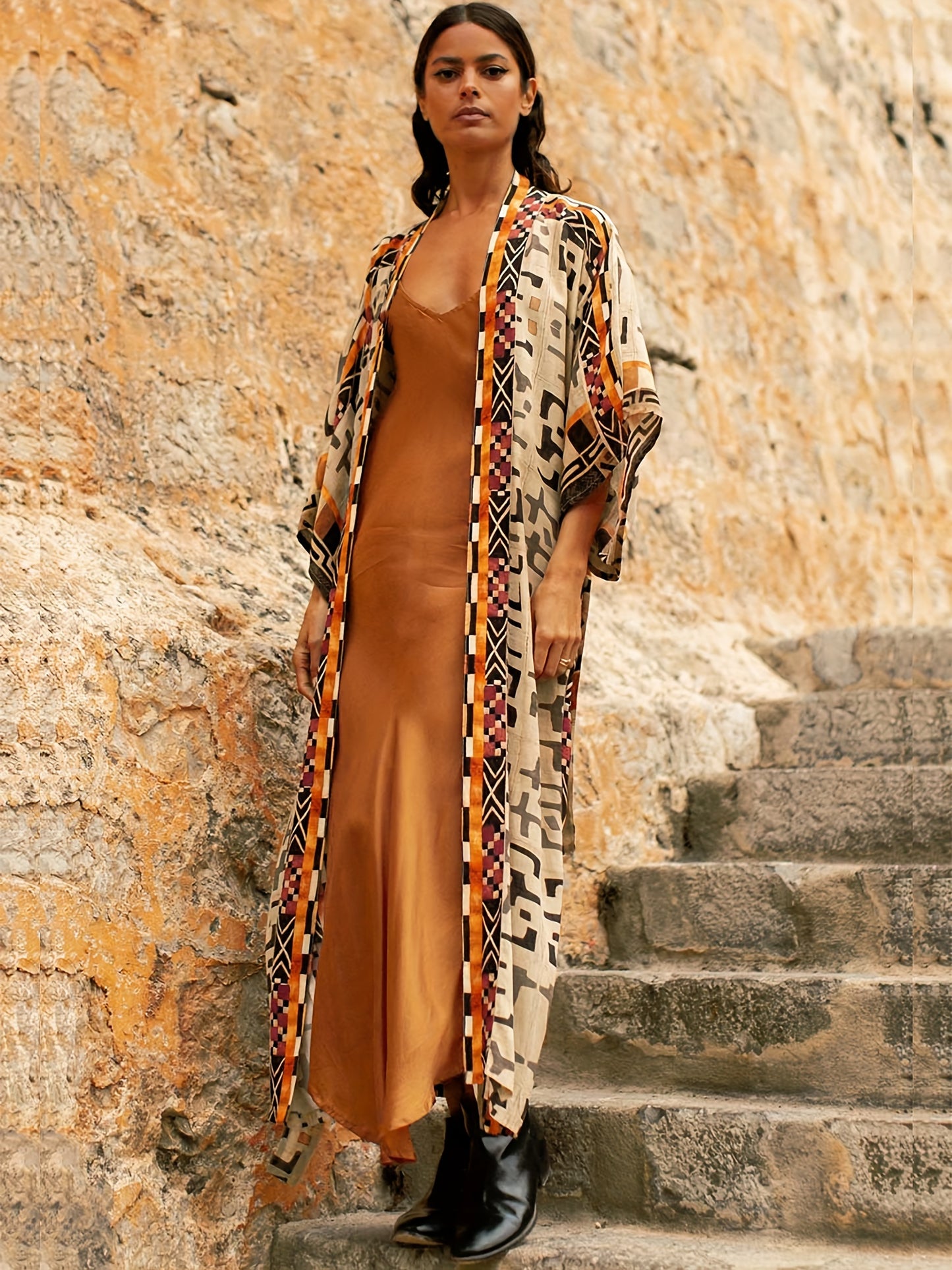 Geo Print Open Front Belted Kimono, Boho Long Sleeve Beachwear Cove Up.