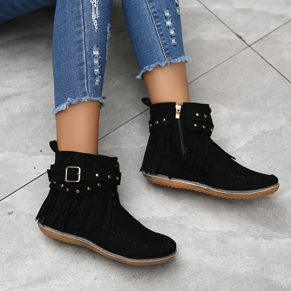 Stylish Tassel Embellished Short Boots - Comfortable, Casual, Side Zipper Ankle Boots with Soft Insoles for Winter - Easy Slip-On Design, Versatile Outfit Match