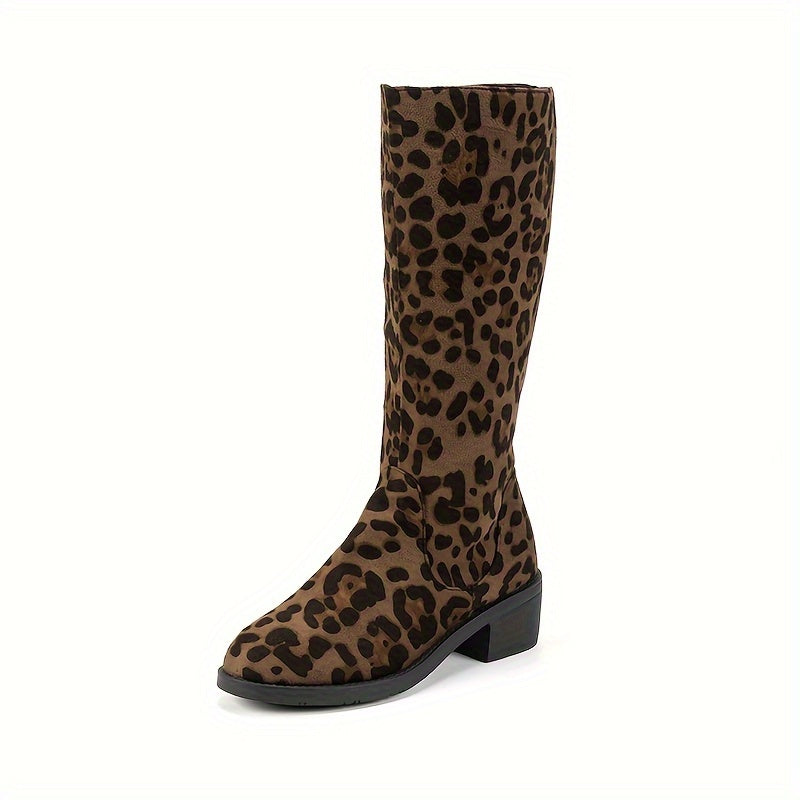 Leopard Print Sexy Boots European and American Style Mid-Calf Boots Round Head Sexy SM Makeup Ball Special Boots Plus Velvet Comfortable Velvet Fabric Women's Boots French Style Women's Thick Sole Side Zipper Anti-Slip Shoppi