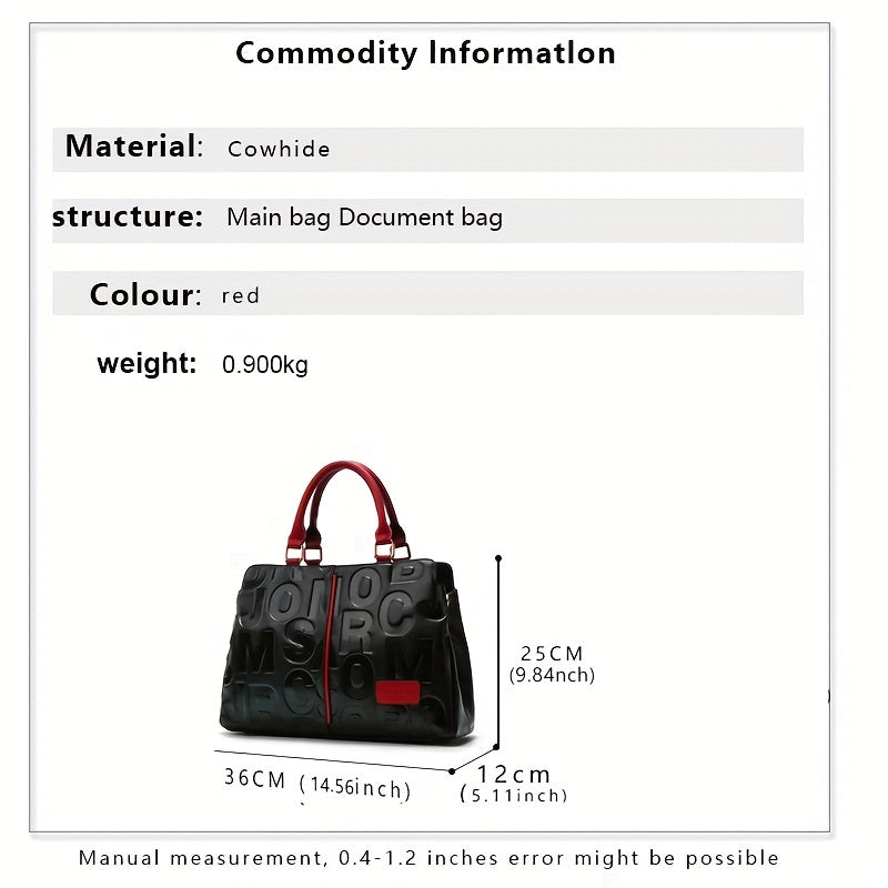 Genuine Leather Tote Bag For Women, Luxury Letter Embossed Handbag, Fashion Large Satchel Purse With Top Handle