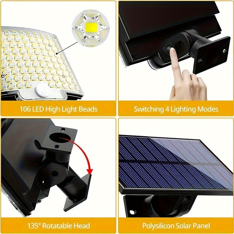 Dual-Pack Solar-Powered LED Lights With Motion Sensor - Waterproof, 135° Wide Beam, Remote Control, Perfect For Gardens & Outdoor Spaces