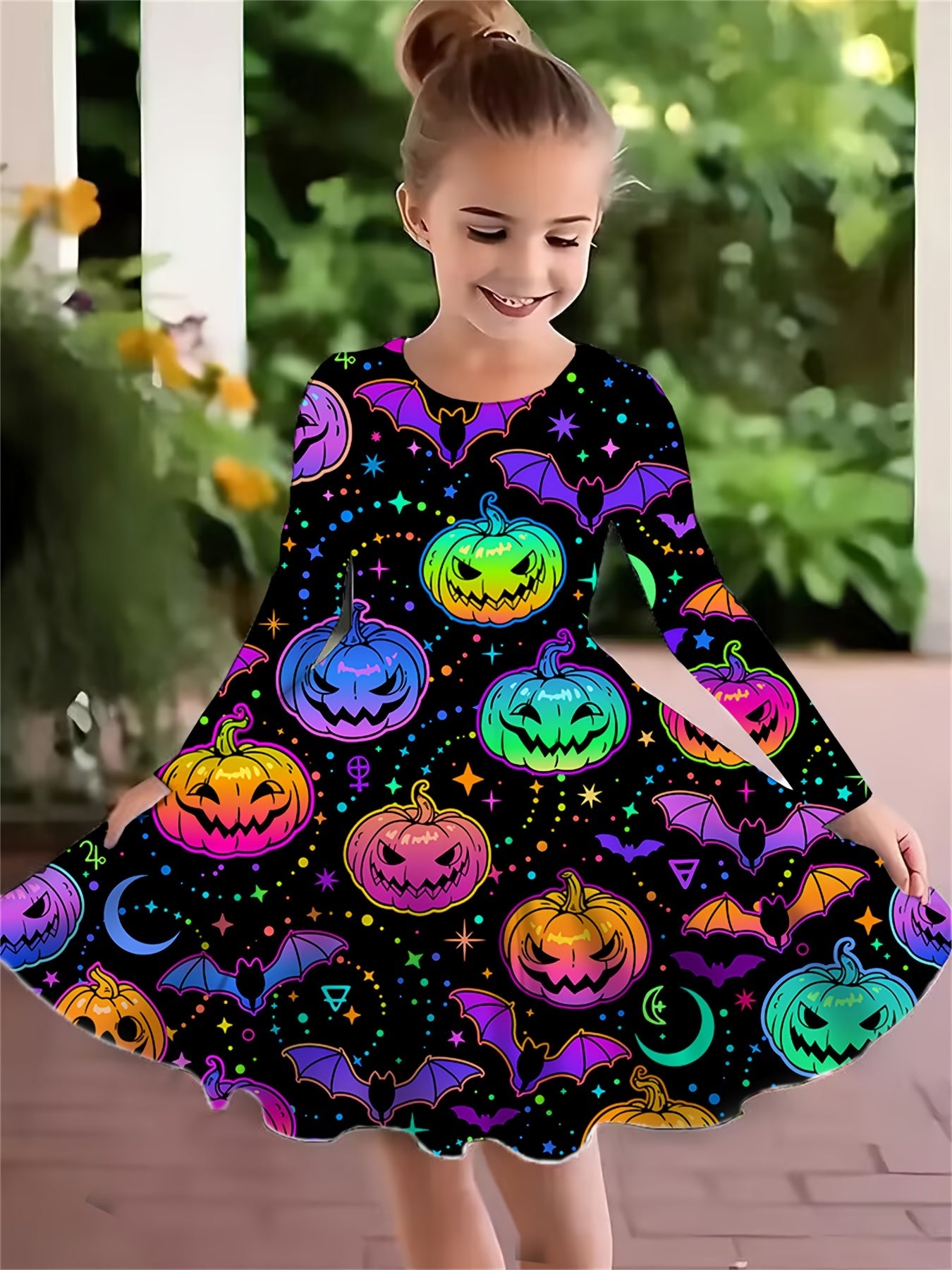 Kids' Halloween A-Line Dress - Long Sleeve 3D Printed Pumpkin Tunics, Casual Polyester Knit Fabric with Slight Stretch for Children Aged 3-12