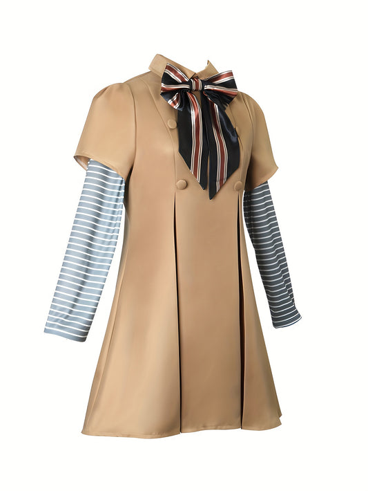 Elegant Trench Coat With Striped Tie & Contrasting Sleeves, 4pc Cosplay Costume Set, Halloween Carnival Party Dress-Up Outfit.