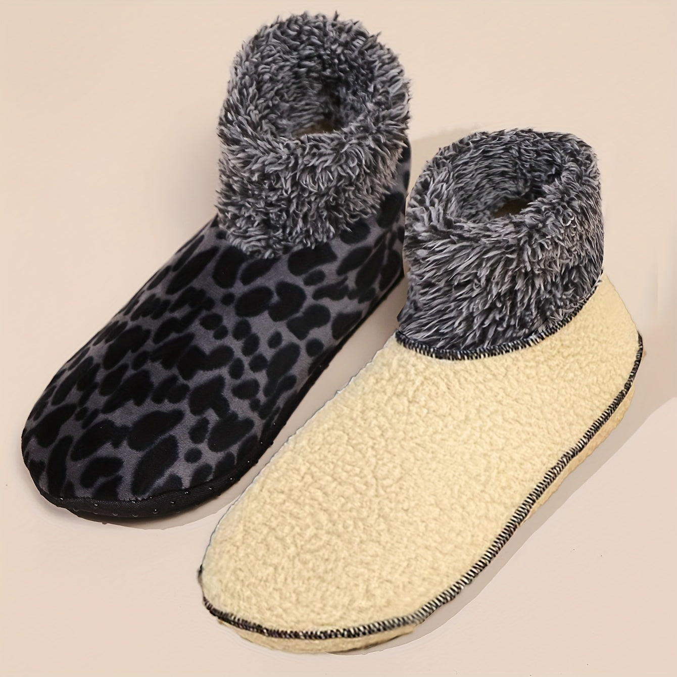 Women's Leopard Print Slipper Socks - 2 Pairs Elegant Polyester Knit Fabric Socks with Anti-Slip Sole, Cozy Plush Lined Short Socks for Indoor Use, Hand Washable - Customized Style