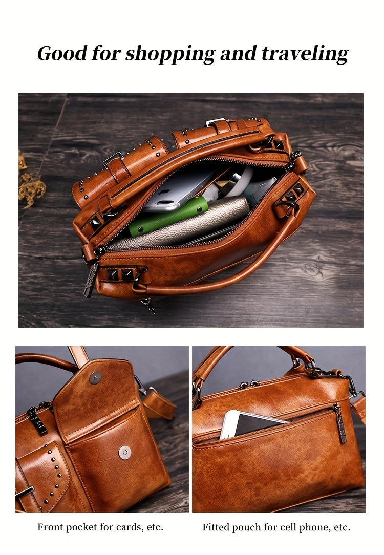 New Retro Wax Handheld Single Shoulder Crossbody Fashion Messenger Rivets Large Capacity Women's Bags