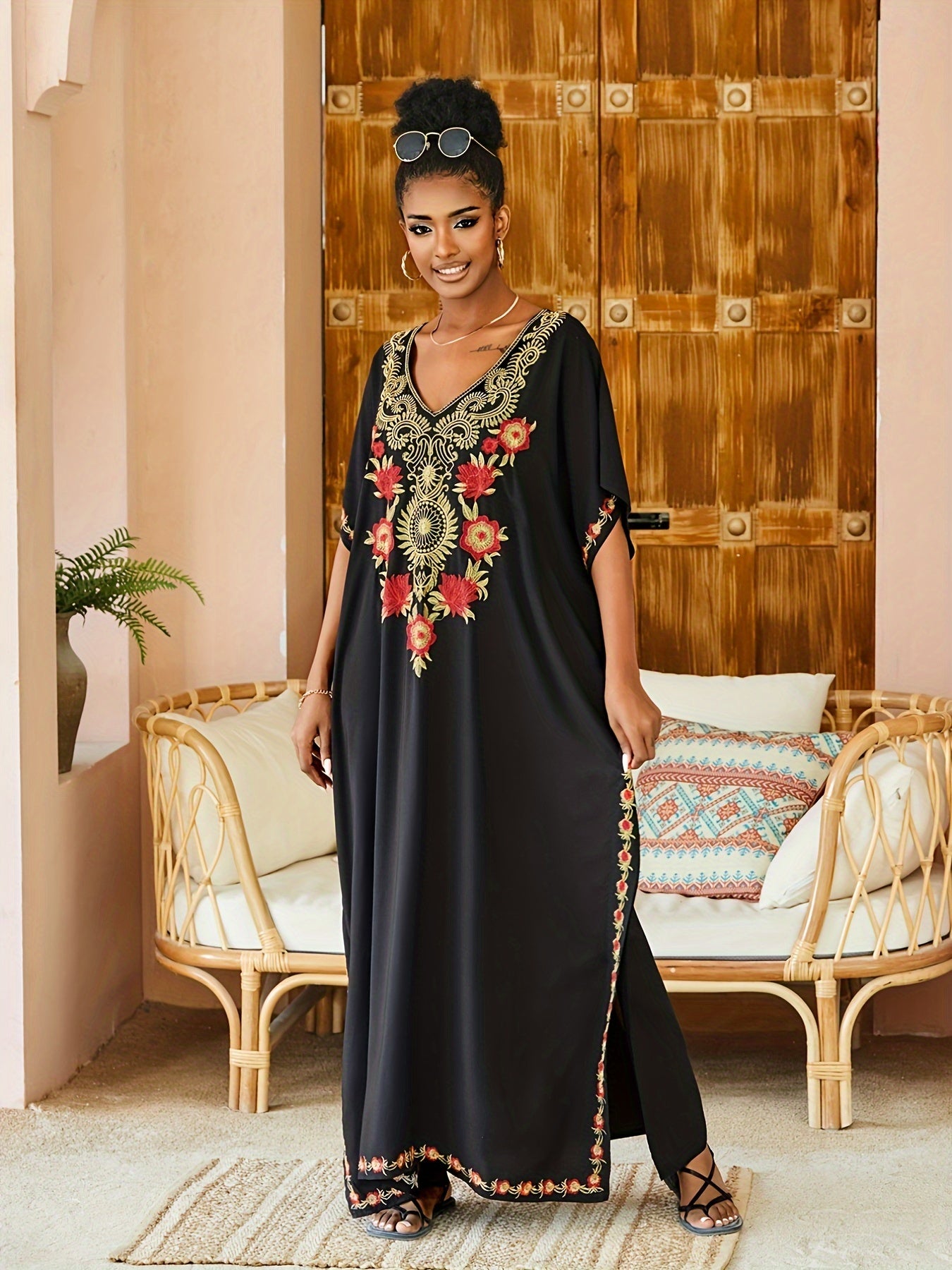 Kaftan dresses for Women Leisure Vacation Ethnic Style Beach Cover Up Embroidery Bating Sleeve Swimsuit Cover Up Beach Robe Flower Embroidered Edge Boho Retro Home Outfit