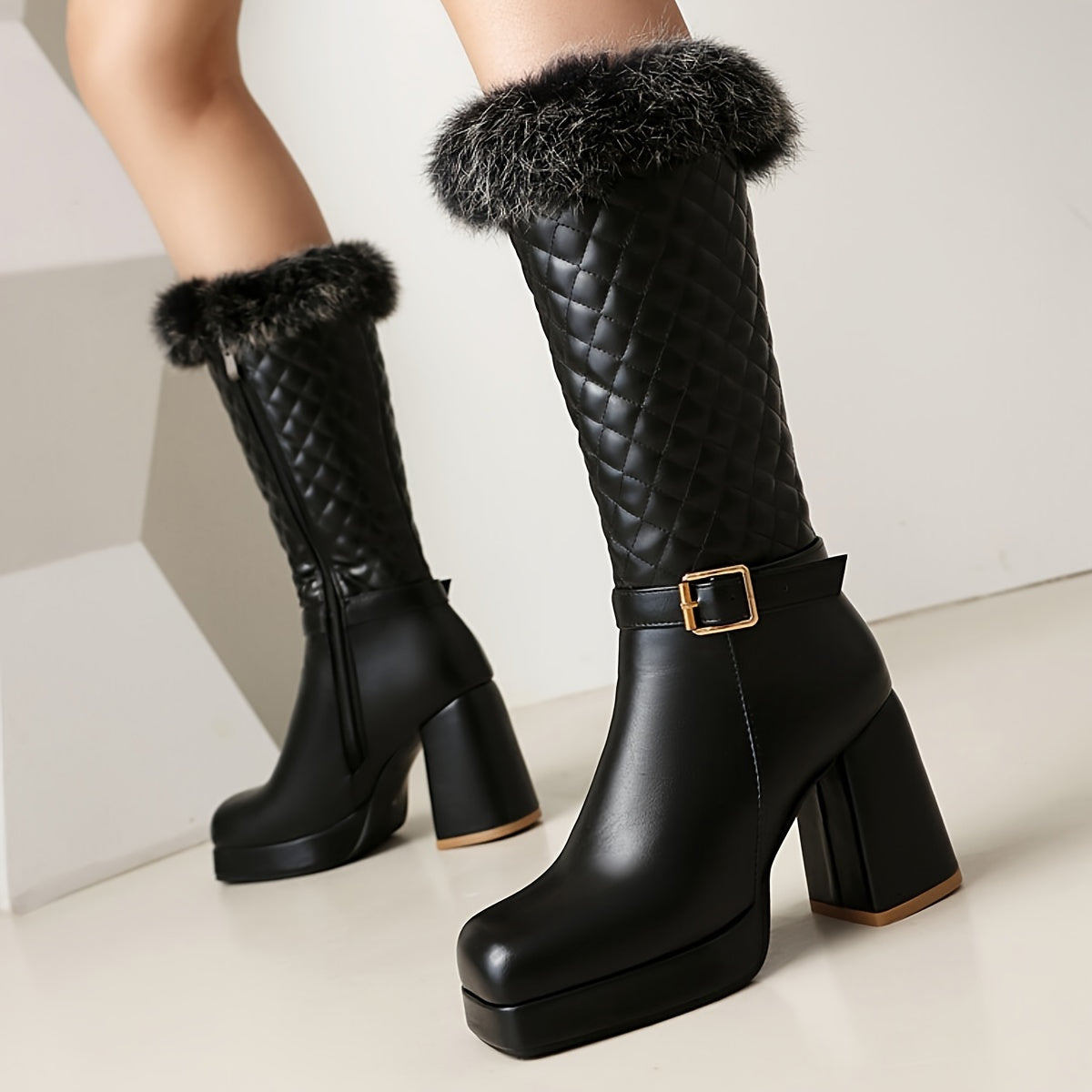 Cozy Fleece-Lined Women's Mid-Calf Boots - Plaid, Square Toe with Chunky Heel, Side Zipper Closure, Rubber Sole - Perfect for Fall & Winter