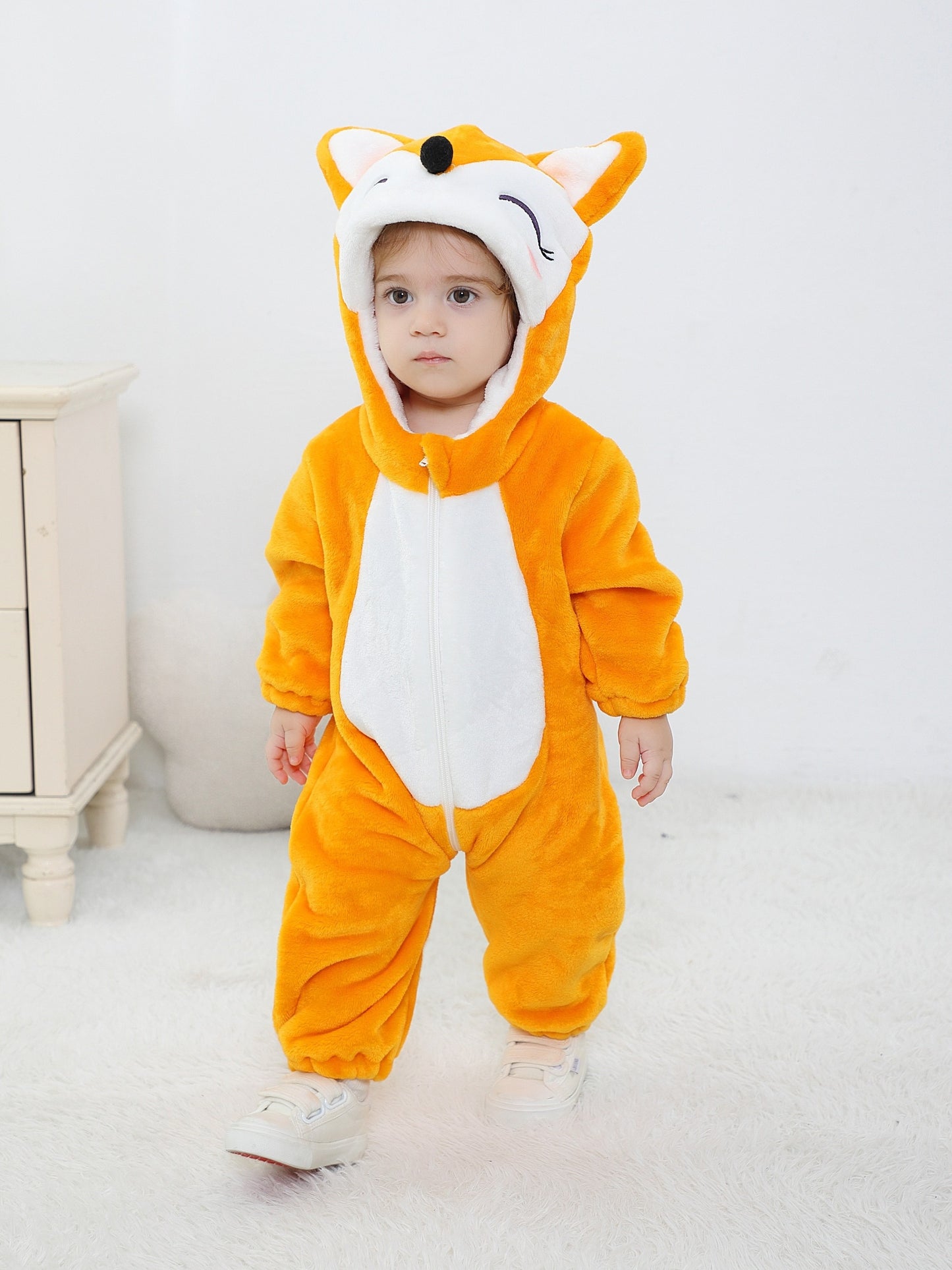 Unisex Baby's Fox Shape Onesie, Toddlers Animal Costume Outfit, Warm Fuzzy Cute Fox Romper For Kids, Cozy Hooded Jumpsuit With Tail, Soft Comfortable Playwear For Infants.