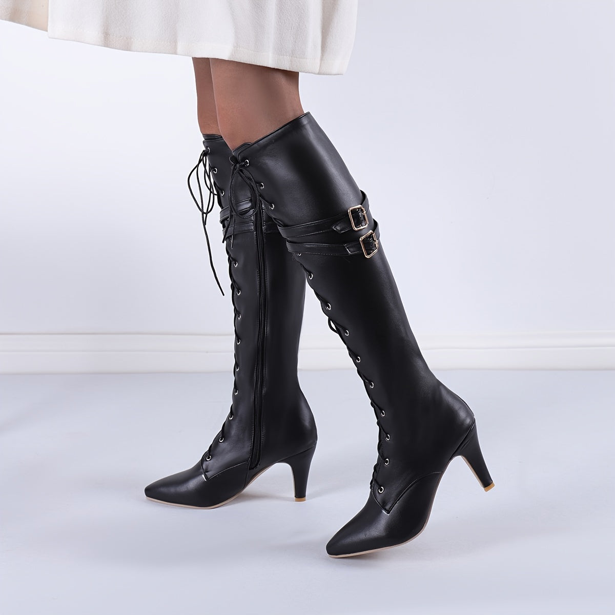 Elegantly Pointed Toe Knee High Boots - Lace-Up, Side Zip, Flare Heel, Solid Color - Elevate Your Style & Comfort