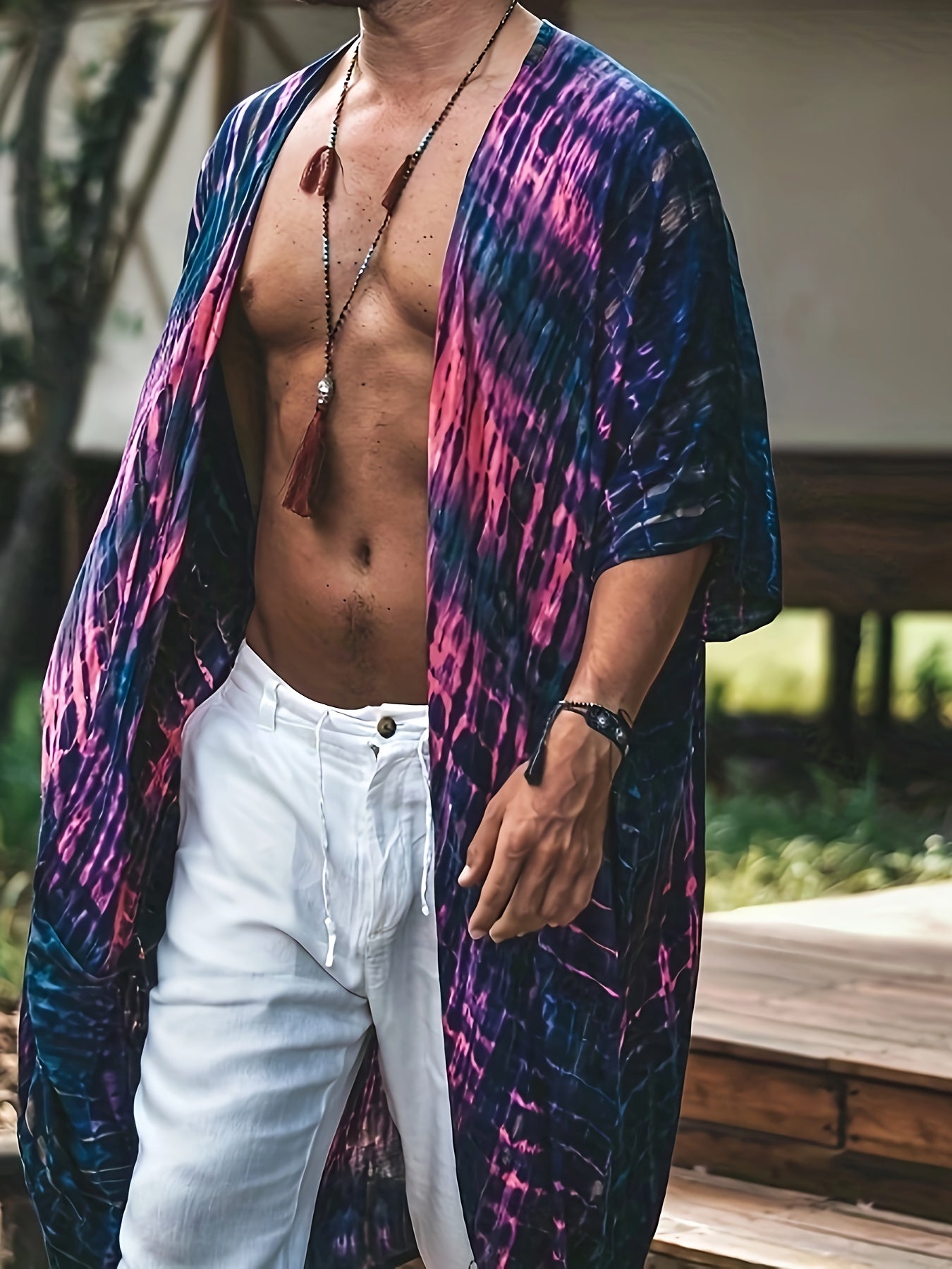 Men's Plus Size Fashion Kimono Cardigan, Bohemian Ethnic Print, Lightweight Beach Sun Protection Cover-Up, Casual Hand Shaped Pattern Print Shirt For Spring Summer Fall