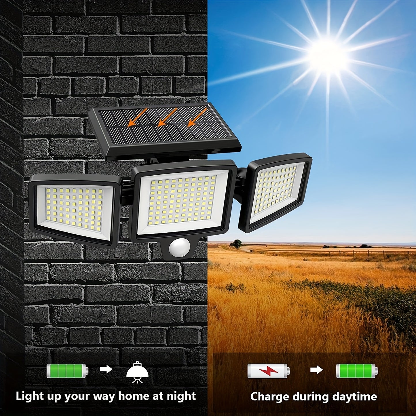 1 Pack/2 Packs/3 Packs Solar Outdoor Lights 2500LM 210 LED Security Lights With Remote Control 3 Heads Motion Sensor Lights 270° Wide Angle Flood Wall Lights With 3 Modes.