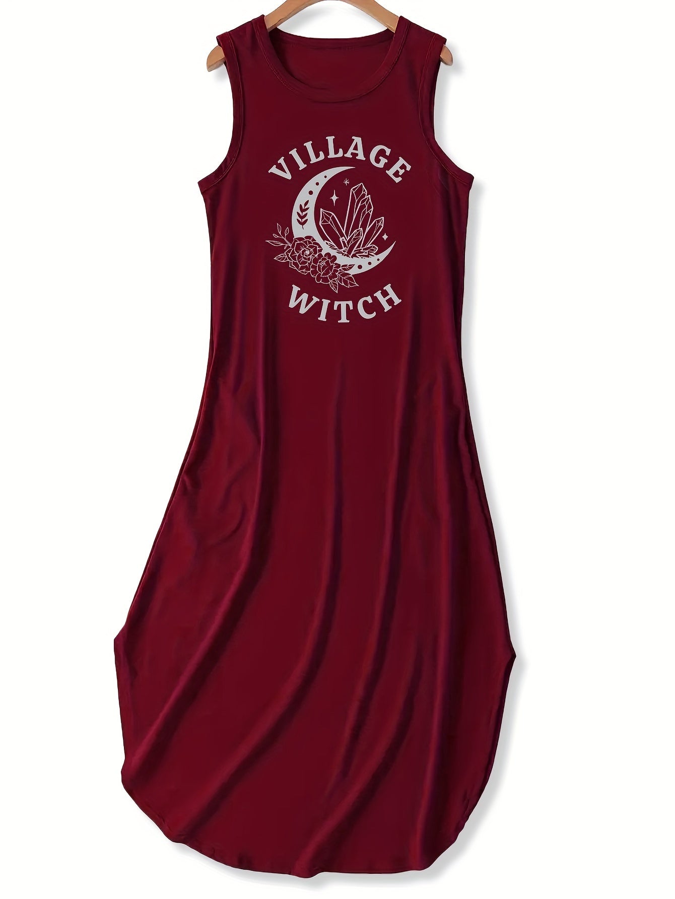 Village Witch Halloween Dress: Long, Sleeveless, Polyester with Spandex Blend, Open Hem, and Lettering Design - Adult Size