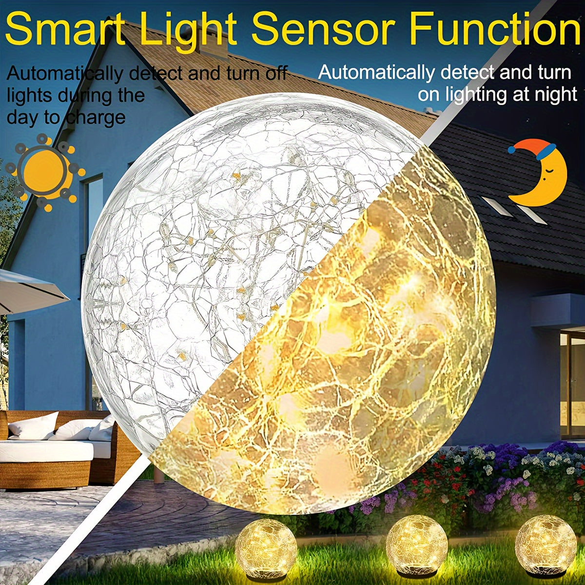 Solar Garden Lights Outdoor, Crackle Glass Globe Solar Lights with 600mAh Battery, Plastic Decorative LED Lighting for Patio, Lawn, Backyard, Waterproof Solar Powered Balls for Festivals & Holidays