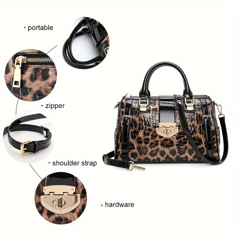 Leopard Print Handbag For Women, Crocodile Pattern Boston Bag, Luxury Genuine Leather Satchel Purse