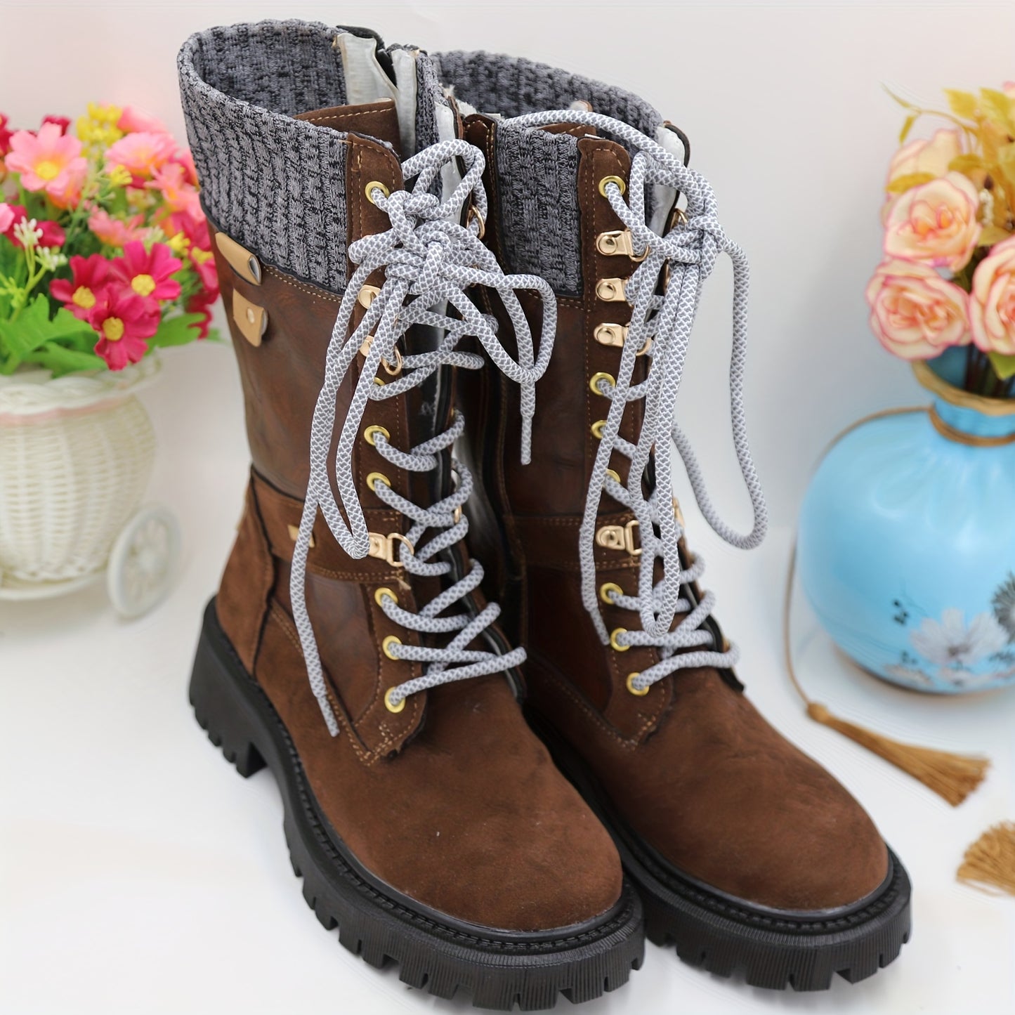 Vintage-Style Riding Boots With Lacing, Low Heel And Soft Sole Fluffy Faux Fur Lining, Perfect For Fall And Winter